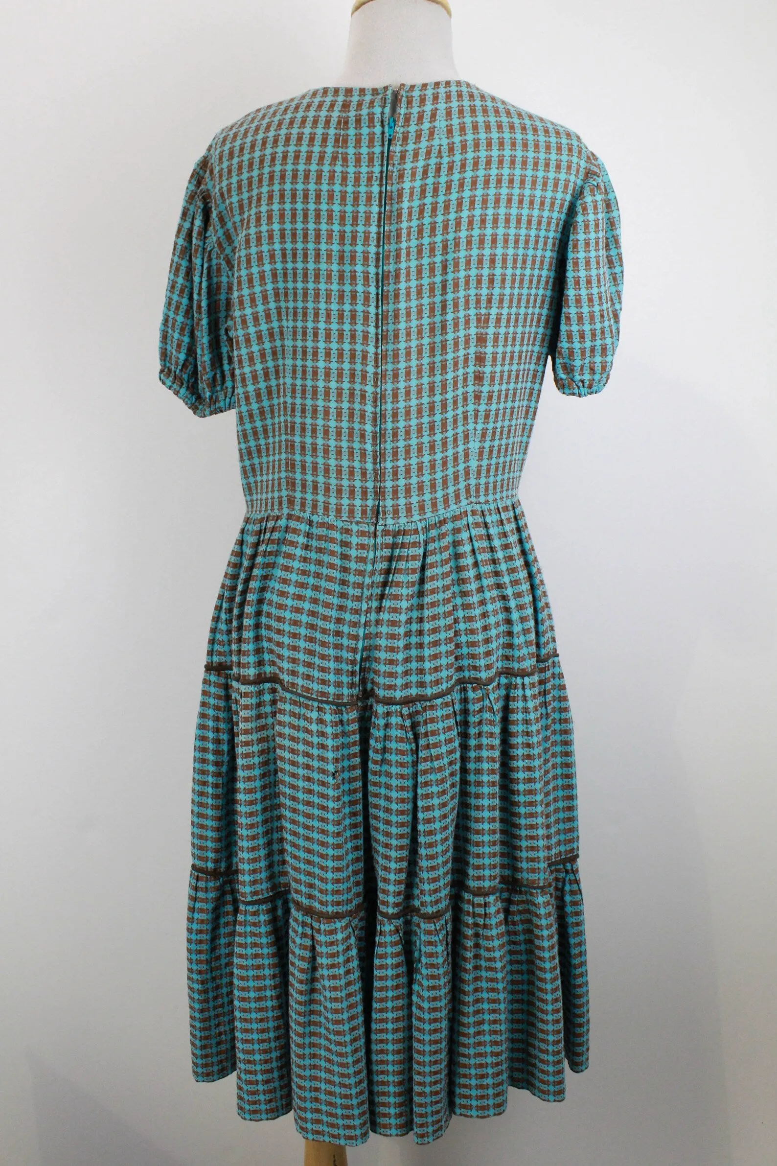 Reproduction 1940s Puff Sleeve Checked Prairie Dress, M-L