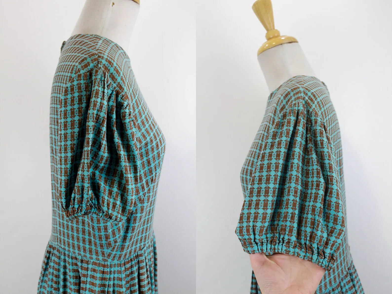 Reproduction 1940s Puff Sleeve Checked Prairie Dress, M-L