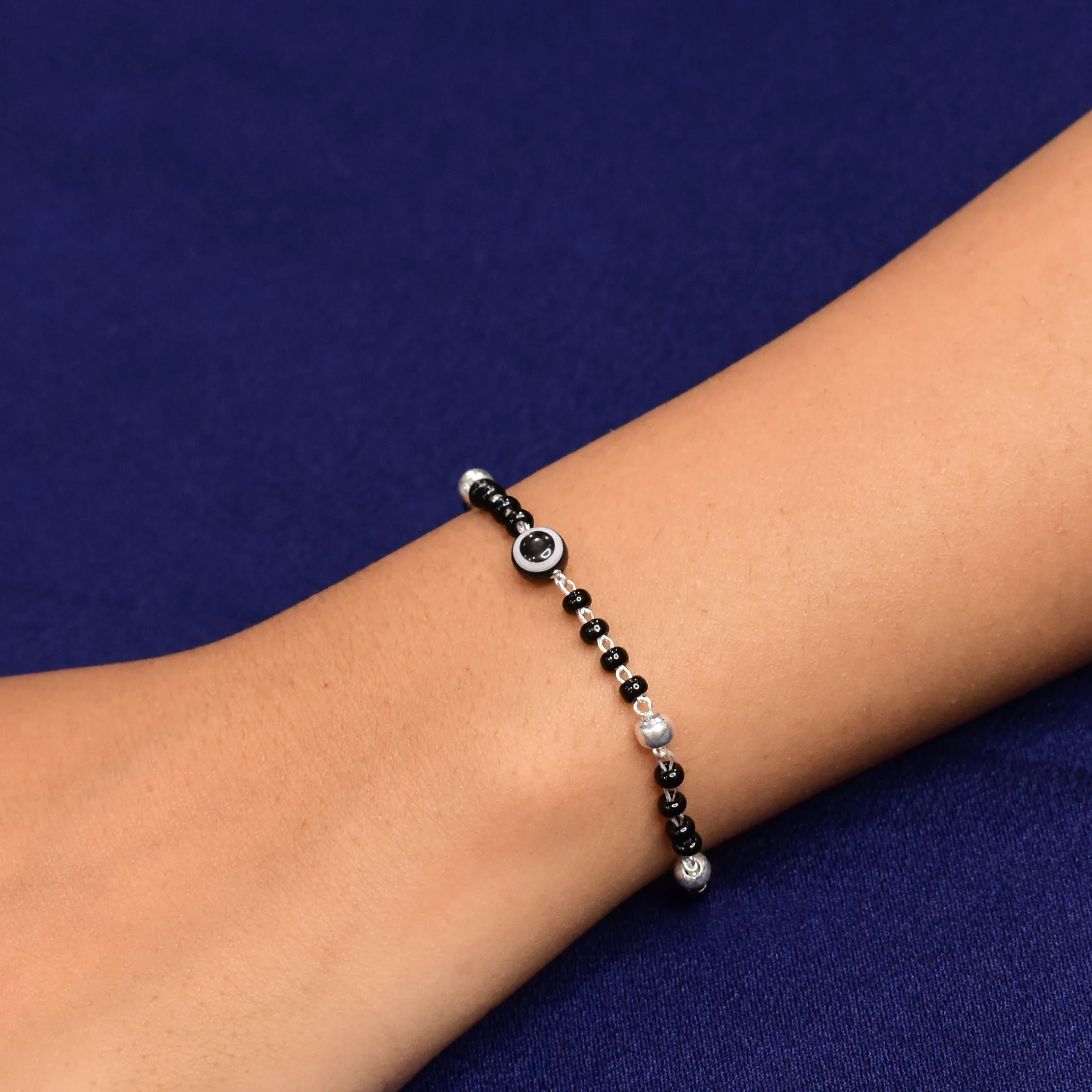 Silver Black Evil Eye with Black and Silver Beads Bracelet for Girls