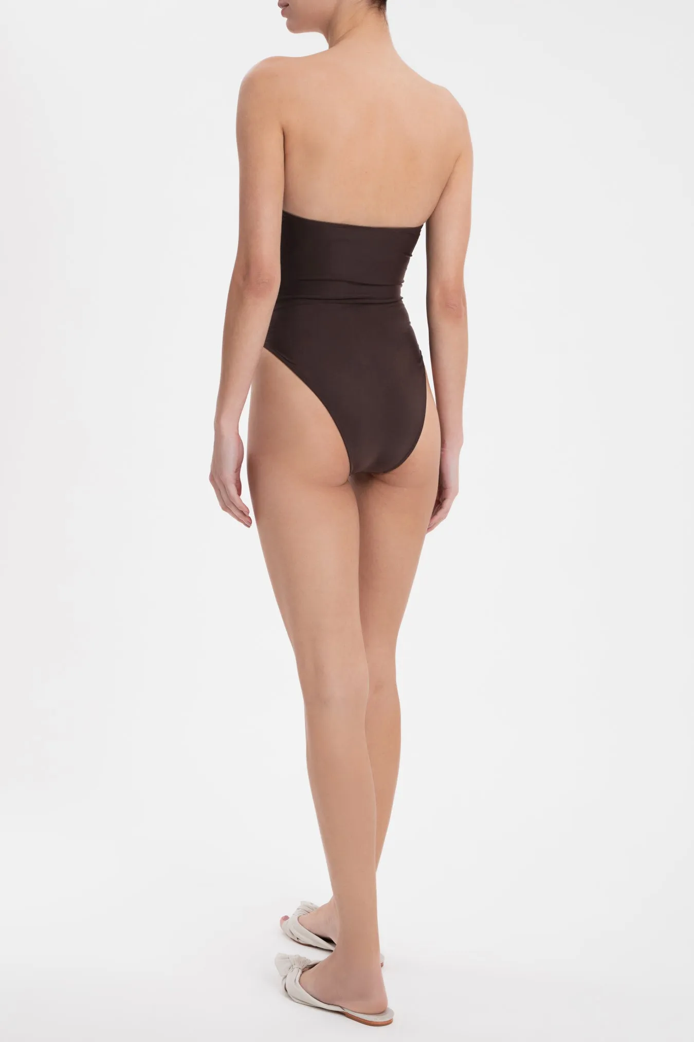 Solid Dark Brown High-Leg Strapless Swimsuit