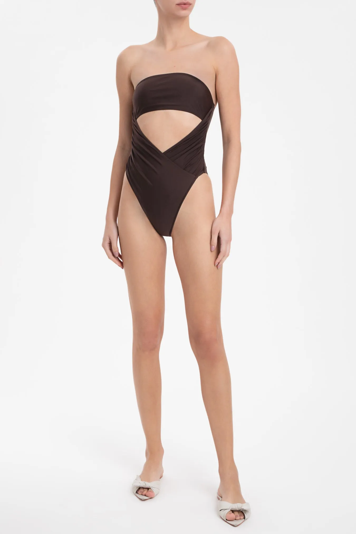 Solid Dark Brown High-Leg Strapless Swimsuit