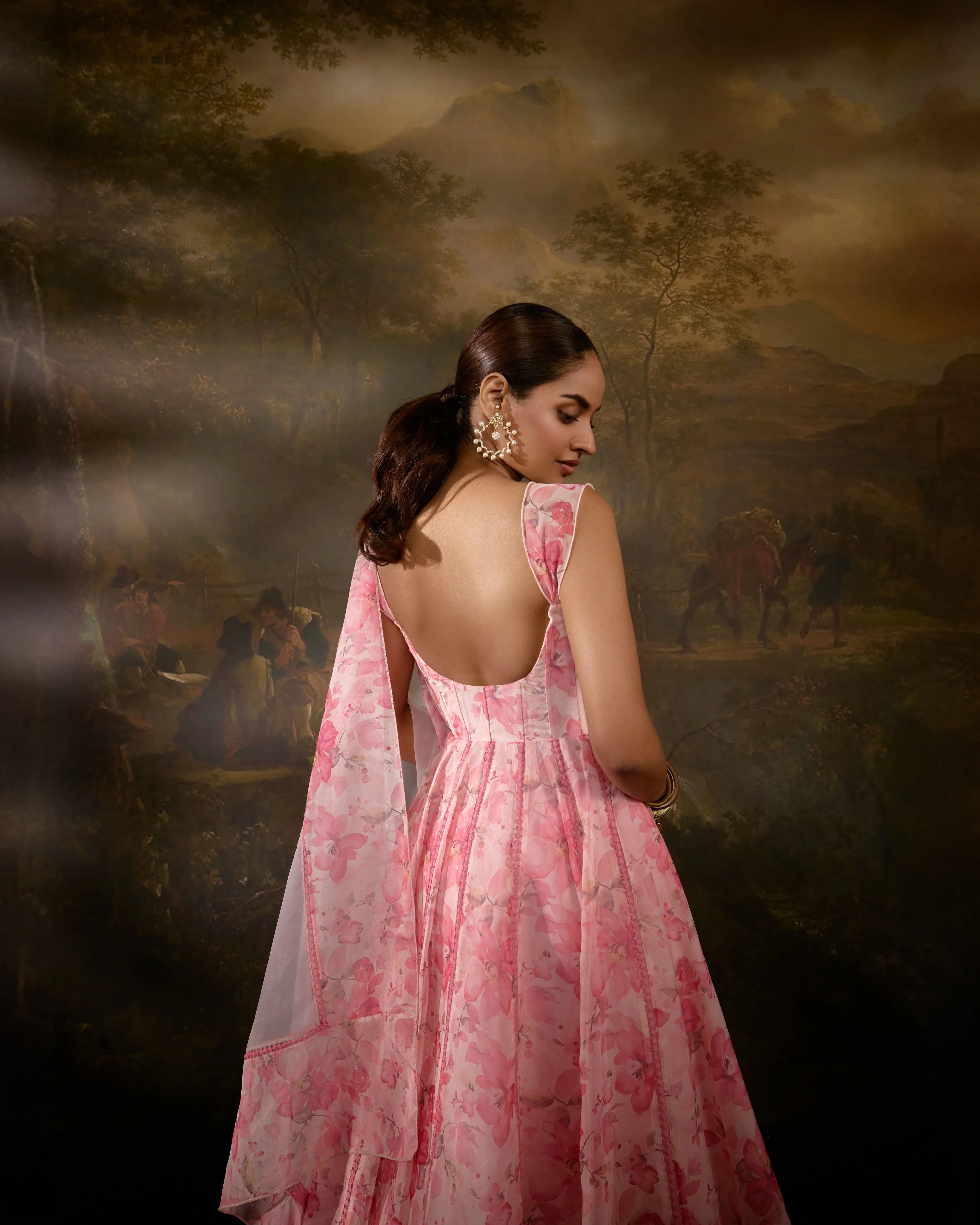 Tanvee Pink Floral Printed Corset Anarkali Suit